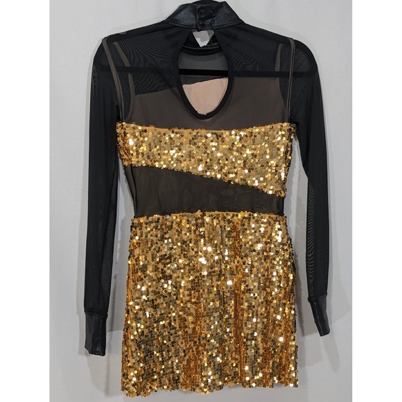 Balera Gold Sequin Mesh Mock Neck Long Sleeve Dance Costume Dress MA - Picture 6 of 10
